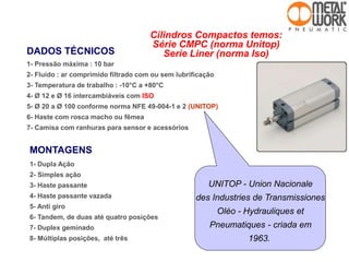 Cilindros Compactos temos:
Série CMPC (norma Unitop)
Serie Liner (norma Iso)
1- Pressão máxima : 10 bar
2- Fluído : ar comprimido filtrado com ou sem lubrificação
3- Temperatura de trabalho : -10°C a +80°C
4- Ø 12 e Ø 16 intercambiáveis com ISO
5- Ø 20 a Ø 100 conforme norma NFE 49-004-1 e 2 (UNITOP)
6- Haste com rosca macho ou fêmea
7- Camisa com ranhuras para sensor e acessórios
DADOS TÉCNICOS
1- Dupla Ação
2- Simples ação
3- Haste passante
4- Haste passante vazada
5- Anti giro
6- Tandem, de duas até quatro posições
7- Duplex geminado
8- Múltiplas posições, até três
MONTAGENS
UNITOP - Union Nacionale
des Industries de Transmissiones
Oléo - Hydrauliques et
Pneumatiques - criada em
1963.
 