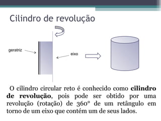 Cilindro de revolução


geratriz
                     eixo




 O cilindro circular reto é conhecido como cilindro
de revolução, pois pode ser obtido por uma
revolução (rotação) de 360° de um retângulo em
torno de um eixo que contém um de seus lados.
 