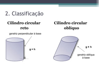 2. Classificação
Cilindro circular                Cilindro circular
      reto                            oblíquo
 geratriz perpendicular à base




                                                    g≠ h
                   g=h

                                             geratriz oblíqua
              .                                  à base
 