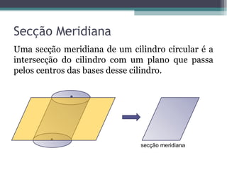 Secção Meridiana
Uma secção meridiana de um cilindro circular é a
intersecção do cilindro com um plano que passa
pelos centros das bases desse cilindro.




                              secção meridiana
 