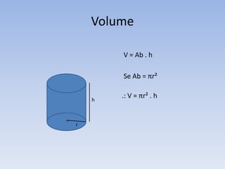 Volume

        V = Ab . h

        Se Ab = πr²


    h
        .: V = πr² . h


r
 