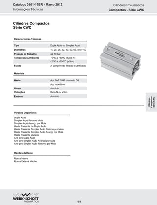 Informações Técnicas
Catálogo 0101-16BR - Março 2012
Características Técnicas
Tipo Dupla Ação ou Simples Ação
Diâmetros 16, 20, 25, 32, 40, 50, 63, 80 e 100
Pressão de Trabalho até 10 bar
Temperatura Ambiente -10ºC a +80ºC (Buna-N)
-10ºC a +150ºC (Víton)
Fluido Ar comprimido filtrado e lubrificado
Materiais
Haste Aço SAE 1045 cromado OU
Aço Inoxidável
Corpo Alumínio
Vedações Buna-N ou Víton
Êmbolo Alumínio
Versões Disponíveis
Dupla Ação
Simples Ação Retorno Mola
Simples Ação Avanço por Mola
Haste Passante de Dupla Ação
Haste Passante Simples Ação Retorno por Mola
Haste Passante Simples Ação Avanço por Mola
Haste Passante Vazada
Anti-giro Dupla Ação
Anti-giro Simples Ação Avanço por Mola
Anti-giro Simples Ação Retorno por Mola
Opções de Haste
Rosca Interna
Rosca Externa Macho
101
Cilindros Pneumáticos
Compactos - Série CWC
Cilindros Compactos
Série CWC
Cilindros
Compactos
SérieCWC
 