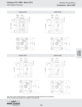 Informações Técnicas
Catálogo 0101-16BR - Março 2012
Cilidro Ø 50Cilindro Ø 40
Cilindro Ø 63 Cilindro Ø 80
Obs.: Para cursos maiores de 50 mm o comprimento total deste cilindro terá um acréscimo
de 10 mm exceto, para cilindros com antigiro e haste passante.
6
11.5
Ø6.8
M8
Ø10.5 Ø12
39.5+CURSO
6.5
15
11.5
40
51.5
56.5
1/8"BSP
10
M
6Prof.2M
M
1
8
12.5
Ø6.8
M8
Ø10.5 Ø16
40+CURSO
6.5
15
12.5
50
64.5
71.5
1/8"BSP
M
8Prof.
12M
M
13
8
13.5
Ø8.5
M10
Ø13.5 Ø16
45+CURSO
8.5
22
13.5
60
77.5
84.5
1/8"BSP
13
M
8Prof.4M
M
1
9
15
Ø10
M12
Ø13.5 Ø20
77
98
104
54+CURSO
8.5
25
15
/8"BSP
1
17
M
10Prof.5M
M
1
103
Cilindros Pneumáticos
Compactos - Série CWC
Cilindros
Compactos
SérieCWC
 