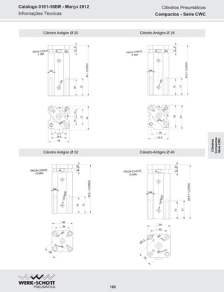 Informações Técnicas
Catálogo 0101-16BR - Março 2012
Cilindro Antigiro Ø 20 Cilindro Antigiro Ø 25
Cilindro Antigiro Ø 32
85
38+CURSO
20
22
36
25.5
= =
1512
27
40
PEGA-CHAVE
8 MM
M6
M5
Ø6
M
4
17
106
39.5+CURSO
15
17
PEGA-CHAVE
10 MM
28
34
46
M6
1/8"BSP
M5
Ø5
85
39.5+CURSO
15
17
39.5
28
44
PEGA-CHAVE
8 MM
42
M6
M5
Ø6
M5
22
Cilindro Antigiro Ø 40
39.5+
15
17
M8
1/8"BSP
CURSO
106
PEGA-CHAVE
10 MM
33
40
54
Ø6.5
Ø5
M5
105
Cilindros Pneumáticos
Compactos - Série CWC
Cilindros
Compactos
SérieCWC
 