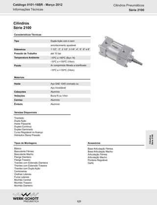 Informações Técnicas
Catálogo 0101-16BR - Março 2012
Cilindros
Série 2100
Características Técnicas
Materiais
Haste Aço SAE 1045 cromado ou
Aço Inoxidável
Cabeçotes Alumínio
Vedações Buna-N ou Víton
Camisa Alumínio
Êmbolo Alumínio
Tipo Dupla Ação com e sem
Temperatura Ambiente -10ºC a +80ºC (Bun- N)
-10ºC a +150ºC (Viton)
-10ºC a +150ºC (Viton)
Fluido Ar comprimido filtrado e lubrificado
Pressão de Trabalho até 10 bar
Versões Disponíveis
Tirantado
Dupla Ação
Haste Passante
Duplex Contínuo
Duplex Geminado
Curso Regulável no Avanço
Hidráulico Baixa Pressão
Básico
Basculante Fêmea
Basculante Macho
Flange Dianteiro
Flange Traseiro
Tirantes com Extensão Dianteira
Tirantes com Extensão Traseira
Tirantes com Dupla Ação
Cantoneiras
Orelhas Laterais
Furos Laterais
Munhão Central
Munhão Traseiro
Munhão Dianteiro
Tipos de Montagens
Base Articulação Fêmea
Base Articulação Macho
Articulação Fêmea
Articulação Macho
Ponteira Regulável
Garfo
Acessórios
Cilindros Pneumáticos
Série 2100
121
Diâmetros 1 1/2”, 2”, 2 1/2”, 3 1/4”, 4”, 5”, 6” e 8”
amortecimento ajustável
Cilindros
Série2100
 