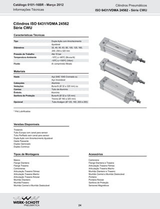 Informações Técnicas
Catálogo 0101-16BR - Março 2012 Cilindros Pneumáticos
Características Técnicas
Tipo Dupla Ação com Amortecimento
Ajustável
Diâmetros 32, 40, 50, 63, 80, 100, 125, 160,
200, 250 e 320 mm
Pressão de Trabalho Até 10 bar
Temperatura Ambiente -10ºC a +80ºC (Bruna-N)
-10ºC a +150ºC (Viton)
Fluído Ar comprimido filtrado
Materiais
Haste Aço SAE 1045 Cromado ou
Aço Inoxidável
Cabeçotes Alumínio
Vedações Buna-N (Ø 32 a 320 mm) ou
Camisa Tubo de Alumínio
Êmbolo Alumínio
Sanfona de Proteção Buna-N (Ø 32 a 125 mm)
Trevira (Ø 160 a 320 mm)
Opcional Tubo Analgon (Ø 125, 160, 200 e 250)
* Pré Lubrificados
Tipos de Montagens
Básico
Flange Dianteira
Flange Traseira
Cantoneiras
Articulação Traseira Fêmea
Articulação Traseira Macho
Articulação Traseira Rotular
Munhão Dianteiro
MunhãoTraseiro
Munhão Central e Munhão Deslocável
Versões Disponíveis
Tiratando
Tubo Europa com canal para sensor
Tubo Perfilado sem canal para sensor
Dupla Ação com Amortecimento Ajustável
Haste Passante
Dúplex Geminado
Dúplex Contínuo
Acessórios
Cantoneira
Flange Dianteira e Traseira
Articulação Traseira Fêmea
Articulação Traseira Macho
Munhão Dianteiro e Traseiro
Munhão Central e Munhão Deslocável
Ponteira
Ponteira Rotular
Sanfona de Proteção
Sensores Magnéticos
Cilindros ISO 6431/VDMA 24562
Série CWU
ISO Série CWU6431/VDMA 24562 -
24
 
