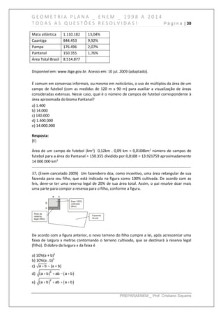 G E O M E T R I A P L A N A _ E N E M _ 1 9 9 8 A 2 0 1 4
T O D A S A S Q U E S T Õ E S R E S O L V I D A S ! P á g i n a | 30
PREPARAENEM _ Prof. Cristiano Siqueira
Mata atlântica 1.110.182 13,04%
Caantiga 844.453 9,92%
Pampa 176.496 2,07%
Pantanal 150.355 1,76%
Área Total Brasil 8.514.877
Disponível em: www.ibge.gov.br. Acesso em: 10 jul. 2009 (adaptado).
É comum em conversas informais, ou mesmo em noticiários, o uso de múltiplos da área de um
campo de futebol (com as medidas de 120 m x 90 m) para auxiliar a visualização de áreas
consideradas extensas. Nesse caso, qual é o número de campos de futebol correspondente à
área aproximada do bioma Pantanal?
a) 1.400
b) 14.000
c) 140.000
d) 1.400.000
e) 14.000.000
Resposta:
[E]
Área de um campo de futebol (km2
) 0,12km . 0,09 km = 0,0108km2
número de campos de
futebol para a área do Pantanal = 150.355 dividido por 0,0108 = 13.921759 aproximadamente
14 000 000 km2
------------------------------------------------------------------------------------------------------------------------------
37. (Enem cancelado 2009) Um fazendeiro doa, como incentivo, uma área retangular de sua
fazenda para seu filho, que está indicada na figura como 100% cultivada. De acordo com as
leis, deve-se ter uma reserva legal de 20% de sua área total. Assim, o pai resolve doar mais
uma parte para compor a reserva para o filho, conforme a figura.
De acordo com a figura anterior, o novo terreno do filho cumpre a lei, após acrescentar uma
faixa de largura x metros contornando o terreno cultivado, que se destinará à reserva legal
(filho). O dobro da largura x da faixa é
a) 10%(a + b)2
b) 10%(a . b)2
c) a b − (a + b)
d)    
2
a b ab a b   
e)    
2
a b ab a b   
 