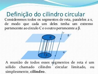 Definição do cilindro circular
Consideremos todos os segmentos de reta, paralelos a s,
de modo que cada um deles tenha um extremo
pertencente ao círculo C e o outro pertencente a β.
α
β
r
O
O´
A reunião de todos esses segmentos de reta é um
sólido chamado cilindro circular limitado, ou
simplesmente, cilindro.
 
