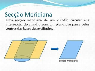 Secção Meridiana
Uma secção meridiana de um cilindro circular é a
intersecção do cilindro com um plano que passa pelos
centros das bases desse cilindro.
secção meridiana
 