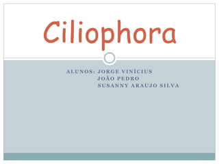 Ciliophora 
ALUNOS: JORGE VINÍCIUS 
JOÃO PEDRO 
SUSANNY ARAUJO SILVA 
 