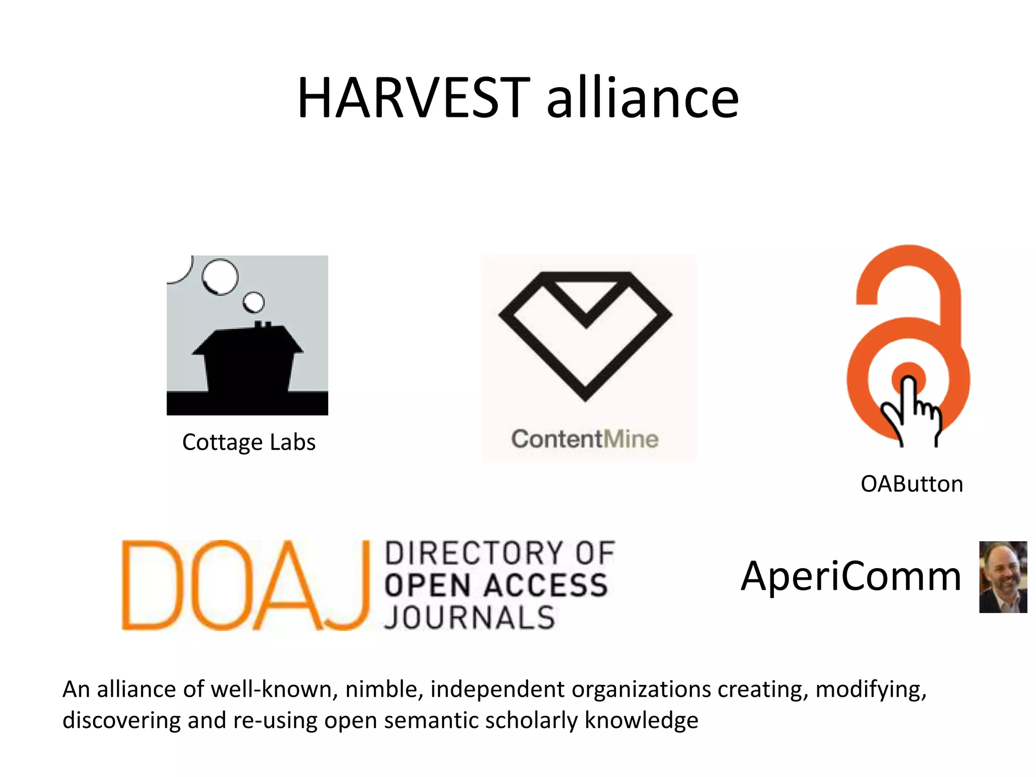 HARVEST alliance
Cottage Labs
AperiComm
OAButton
An alliance of well-known, nimble, independent organizations creating, modifying,
discovering and re-using open semantic scholarly knowledge
 