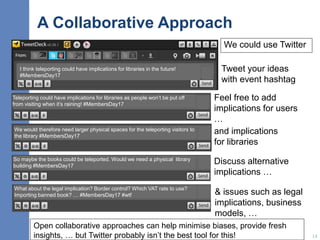 A Collaborative Approach
We could use Twitter
14
Tweet your ideas
with event hashtag
I think teleporting could have implications for libraries in the future!
#MembersDay17
Teleporting could have implications for libraries as people won’t be put off
from visiting when it’s raining! #MembersDay17
and implications
for libraries
We would therefore need larger physical spaces for the teleporting visitors to
the library #MembersDay17
Discuss alternative
implications …
So maybe the books could be teleported. Would we need a physical library
building #MembersDay17
14
& issues such as legal
implications, business
models, …
What about the legal implication? Border control? Which VAT rate to use?
Importing banned book? … #MembersDay17 #wtf
Feel free to add
implications for users
…
Open collaborative approaches can help minimise biases, provide fresh
insights, … but Twitter probably isn’t the best tool for this!
 