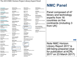 NMC Panel
Panel composed of 47
library and technology
experts from 16
countries on ﬁve
continents (including 3
from UK)
17
Note NMC Horizon
Library Report 2017 is
still being prepared (due
for publication at ACRL
2017 on 23 March 2017)
 