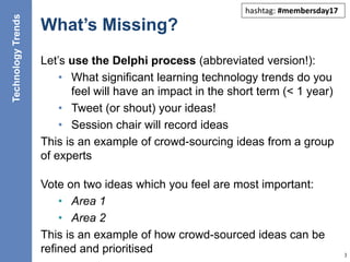 What’s Missing?
Let’s use the Delphi process (abbreviated version!):
• What significant learning technology trends do you
feel will have an impact in the short term (< 1 year)
• Tweet (or shout) your ideas!
• Session chair will record ideas
This is an example of crowd-sourcing ideas from a group
of experts
20
Vote on two ideas which you feel are most important:
• Area 1
• Area 2
This is an example of how crowd-sourced ideas can be
refined and prioritised
TechnologyTrends
hashtag: #membersday17
 