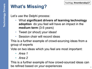 What’s Missing?
Let’s use the Delphi process:
• What significant drivers of learning technology
adoption do you feel will have an impact in the
medium term (3-5 years)
• Tweet (or shout) your ideas!
• Session chair will record ideas
This is a further example of crowd-sourcing ideas from a
group of experts
23
Vote on two ideas which you feel are most important:
• Area 1
• Area 2
This is a further example of how crowd-sourced ideas can
be refined based on your experiences
TechnologyDrivers
hashtag: #membersday17
 
