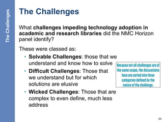 The Challenges
What challenges impeding technology adoption in
academic and research libraries did the NMC Horizon
panel identify?
24
These were classed as:
• Solvable Challenges: those that we
understand and know how to solve
• Difficult Challenges: Those that
we understand but for which
solutions are elusive
• Wicked Challenges: Those that are
complex to even define, much less
address
TheChallenges
 