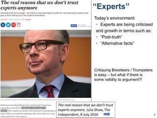 “Experts”
Today’s environment:
• Experts are being criticised
and growth in terms such as:
• “Post-truth”
• “Alternative facts”
7
Critiquing Brexiteers / Trumpeters
is easy – but what if there is
some validity to argument?!
The real reason that we don‘t trust
experts anymore, Julie Shaw, The
Independent, 8 July 2016
The real reason that we don‘t trust
experts anymore, Julia Shaw, The
Independent, 8 July 2016
 