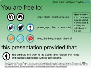 3 3
You are free to:
copy, share, adapt, or re-mix;
photograph, film, or broadcast;
blog, live-blog, or post video of
this...