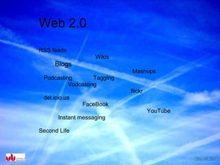 Web 2.0 RSS feeds Wikis Blogs Mashups Podcasting  Tagging Vodcasting flickr del.icio.us FaceBook YouTube Instant messaging Second Life Bleu celt  flickr 