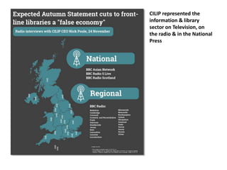 CILIP represented the
information & library
sector on Television, on
the radio & in the National
Press
 