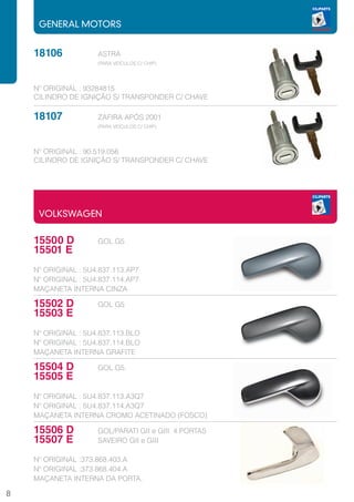 GENERAL MOTORS


    18106		          ASTRA
    			(PARA VEÍCULOS C/ CHIP)


    Nº ORIGINAL : 93284815
    CILINDRO DE IGNIÇÃO S/ TRANSPONDER C/ CHAVE

    18107		
       ZAFIRA APÓS 2001
    			(PARA VEÍCULOS C/ CHIP)


    Nº ORIGINAL : 90.519.056
    CILINDRO DE IGNIÇÃO S/ TRANSPONDER C/ CHAVE




     VOLKSWAGEN


    15500 D		        GOL G5
    15501 E
    Nº ORIGINAL : 5U4.837.113.AP7
    Nº ORIGINAL : 5U4.837.114.AP7
    MAÇANETA INTERNA CINZA

    15502 D		        GOL G5
    15503 E
    Nº ORIGINAL : 5U4.837.113.BLO
    Nº ORIGINAL : 5U4.837.114.BLO
    MAÇANETA INTERNA GRAFITE

    15504 D		        GOL G5.
    15505 E
    Nº ORIGINAL : 5U4.837.113.A3Q7
    Nº ORIGINAL : 5U4.837.114.A3Q7
    MAÇANETA INTERNA CROMO ACETINADO (FOSCO)

    15506 D		        GOL/PARATI GII e GIII 4 PORTAS
    15507 E		        SAVEIRO GII e GIII

    Nº ORIGINAL :373.868.403.A
    Nº ORIGINAL :373.868.404.A
    MAÇANETA INTERNA DA PORTA.

8
 