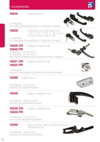 VOLKSWAGEN

     16025		         KOMBI APÓS 96



     Nº ORIGINAL :
     KIT 2 MAÇANETAS DIANTEIRA E 1 IGNIÇÃO C/ CHAVE

     16026		         CAMINHÃO VW - 6.80 / 6.90 / 7.90
     			             7.100 / 7.110 / 11.160 / 11.130 / 13.130
     			             22.140 / 22.160 / 8.100 / 8.140
     Nº ORIGINAL :
     KIT 2 MAÇANETAS DIANTEIRA E 1 IGNIÇÃO C/ CHAVE

     16030 CR	       KOMBI CLIPPER ATÉ 96
     16040 PR
     Nº ORIGINAL : 211.841.631.1
     Nº ORIGINAL : 211.841.631.2
     MAÇANETA EXTERNA PORTA CENTRAL PERFIL ORIGINAL

     16031 CR	       KOMBI CLIPPER ATÉ 96
     16032 PR
     Nº ORIGINAL :
     BUCHA DA MAÇANETA EXTERNA DA PORTA MEIO/MALA

     16380	     KOMBI ATE 96


     Nº ORIGINAL : 231.829.221.1
     BATENTE DA TAMPA TRASEIRA

     16500		         PASSAT / SANTANA / GOL


     Nº ORIGINAL : ZBC823.533.35
     GATILHO DE ABERTURA DO CAPO

     16540 CR	       KOMBI / CAMINHÃO VW
     16550 PR
     Nº ORIGINAL : 211.837.205.1
     GATILHO DA MAÇANETA EXTERNA

     16590		         GOL / VOYAGE / PARATI / SAVEIRO ATÉ 94
     			             SANTANA ATÉ 90

     Nº ORIGINAL : 305.837.205.1
     GATILHO DA MAÇANETA EXTERNA

12
 