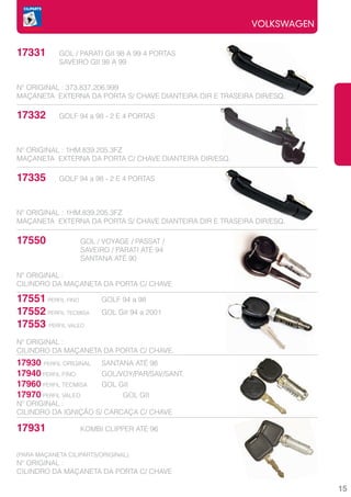 VOLKSWAGEN


17331       GOL / PARATI GII 98 A 99 4 PORTAS
            SAVEIRO GII 98 A 99


Nº ORIGINAL : 373.837.206.999
MAÇANETA EXTERNA DA PORTA S/ CHAVE DIANTEIRA DIR E TRASEIRA DIR/ESQ.

17332       GOLF 94 a 98 - 2 E 4 PORTAS



Nº ORIGINAL : 1HM.839.205.3FZ
MAÇANETA EXTERNA DA PORTA C/ CHAVE DIANTEIRA DIR/ESQ.

17335       GOLF 94 a 98 - 2 E 4 PORTAS



Nº ORIGINAL : 1HM.839.205.3FZ
MAÇANETA EXTERNA DA PORTA S/ CHAVE DIANTEIRA DIR E TRASEIRA DIR/ESQ.

17550              GOL / VOYAGE / PASSAT /
                   SAVEIRO / PARATI ATÉ 94
                   SANTANA ATÉ 90

Nº ORIGINAL :
CILINDRO DA MAÇANETA DA PORTA C/ CHAVE

17551 PERFIL FINO        GOLF 94 a 98
17552 PERFIL TECMISA     GOL GII 94 a 2001
17553 PERFIL VALEO
Nº ORIGINAL :
CILINDRO DA MAÇANETA DA PORTA C/ CHAVE.
17930 PERFIL ORIGINAL    SANTANA ATÉ 98
17940 PERFIL FINO        GOL/VOY/PAR/SAV/SANT.
17960 PERFIL TECMISA     GOL GII
17970 PERFIL VALEO            GOL GII
Nº ORIGINAL :
CILINDRO DA IGNIÇÃO S/ CARCAÇA C/ CHAVE

17931              KOMBI CLIPPER ATÉ 96


(PARA MAÇANETA CILIPARTS/ORIGINAL)
Nº ORIGINAL :
CILINDRO DA MAÇANETA DA PORTA C/ CHAVE

                                                                        15
 
