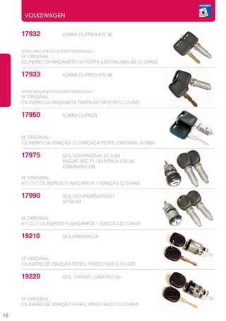 VOLKSWAGEN


     17932		            KOMBI CLIPPER ATE 96


     (PARA MAÇANETA CILIPARTS/ORIGINAL)
     Nº ORIGINAL :
     CILINDRO DA MAÇANETA DA PORTA LATERAL/MALAS C/ CHAVE

     17933		            KOMBI CLIPPER ATE 96


     (PARA MAÇANETA CILIPARTS/ORIGINAL)
     Nº ORIGINAL :
     CILINDRO DA MAÇANETA TAMPA DO MOTOR C/ CHAVE

     17950		            KOMBI CLIPPER



     Nº ORIGINAL :
     CILINDRO DA IGNIÇÃO S/ CARCAÇA PERFIL ORIGINAL KOMBI

     17975		            GOL/VOY/PAR/SAV. 87 A 89
     			                PASSAT ATÉ 77 / SANTANA ATÉ 90
     			                CAMINHÃO VW

     Nº ORIGINAL :
     KIT C/ 2 CILINDROS P/ MAÇANETA 1 IGNIÇÃO C/ CHAVE

     17990		
        GOL/VOY/PAR/SAV/SANT
     			APÓS 89


     Nº ORIGINAL :
     KIT C/ 2 CILINDROS P/ MAÇANETA 1 IGNIÇÃO C/ CHAVE

     19210		            GOL/PAR/SAV.GII



     Nº ORIGINAL :
     CILINDRO DE IGNIÇÃO PERFIL FRISO FINO C/ CHAVE

     19220		            GOL / PARATI / SAVEIRO GII



     Nº ORIGINAL :
     CILINDRO DE IGNIÇÃO PERFIL FRISO VALEO C/ CHAVE

16
 