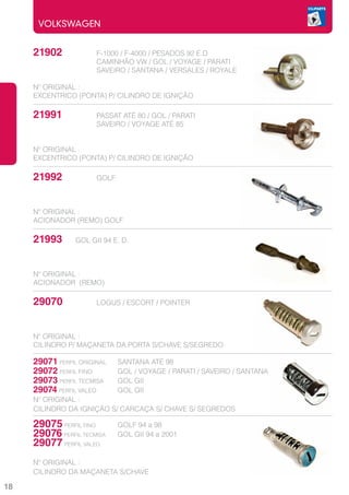 VOLKSWAGEN


     21902		           F-1000 / F-4000 / PESADOS 92 E.D
     			               CAMINHÃO VW / GOL / VOYAGE / PARATI
     			               SAVEIRO / SANTANA / VERSALES / ROYALE

     Nº ORIGINAL :
     EXCENTRICO (PONTA) P/ CILINDRO DE IGNIÇÃO

     21991		           PASSAT ATÉ 80 / GOL / PARATI
     			               SAVEIRO / VOYAGE ATÉ 85


     Nº ORIGINAL :
     EXCENTRICO (PONTA) P/ CILINDRO DE IGNIÇÃO

     21992		           GOLF



     Nº ORIGINAL :
     ACIONADOR (REMO) GOLF

     21993	      GOL GII 94 E. D.



     Nº ORIGINAL :
     ACIONADOR (REMO)

     29070		           LOGUS / ESCORT / POINTER



     Nº ORIGINAL :
     CILINDRO P/ MAÇANETA DA PORTA S/CHAVE S/SEGREDO

     29071 PERFIL ORIGINAL	   SANTANA ATÉ 98
     29072 PERFIL FINO		      GOL / VOYAGE / PARATI / SAVEIRO / SANTANA
     29073 PERFIL TECMISA	    GOL GII
     29074 PERFIL VALEO		     GOL GII
     Nº ORIGINAL :
     CILINDRO DA IGNIÇÃO S/ CARCAÇA S/ CHAVE S/ SEGREDOS

     29075 PERFIL FINO		      GOLF 94 a 98
     29076 PERFIL TECMISA	    GOL GII 94 a 2001
     29077 PERFIL VALEO
     Nº ORIGINAL :
     CILINDRO DA MAÇANETA S/CHAVE

18
 