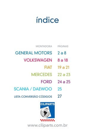 índice


             MONTADORA    PÁGINAS


GENERAL MOTORS            2a8
     VOLKSWAGEN           8 a 18
                  FIAT    19 a 21
          MERCEDES        22 a 23
                FORD      24 a 25
SCANIA / DAEWOO           25
LISTA CONVERSÃO CÓDIGOS   27




        www.ciliparts.com.br
 
