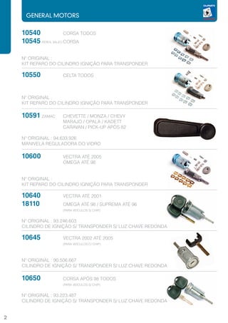 GENERAL MOTORS


    10540		            CORSA TODOS
    10545 PERFIL VALEO	CORSA

    Nº ORIGINAL :
    KIT REPARO DO CILINDRO IGNIÇÃO PARA TRANSPONDER

    10550		         CELTA TODOS



    Nº ORIGINAL :
    KIT REPARO DO CILINDRO IGNIÇÃO PARA TRANSPONDER

    10591 ZAMAC	    CHEVETTE / MONZA / CHEVY
    			             MARAJO / OPALA / KADETT
    			             CARAVAN / PICK-UP APÓS 82

    Nº ORIGINAL : 94.633.926
    MANIVELA REGULADORA DO VIDRO

    10600	
      	 VECTRA ATÉ 2005
    			OMEGA ATÉ 98


    Nº ORIGINAL :
    KIT REPARO DO CILINDRO IGNIÇÃO PARA TRANSPONDER

    10640		         VECTRA ATÉ 2001
    18110	 	
       OMEGA ATÉ 98 / SUPREMA ATÉ 96
    			(PARA VEÍCULOS S/ CHIP)

    Nº ORIGINAL : 93.246.603
    CILINDRO DE IGNIÇÃO S/ TRANSPONDER S/ LUZ CHAVE REDONDA

    10645		 VECTRA 2002 ATÉ 2005
    			(PARA VEÍCULOS C/ CHIP)


    Nº ORIGINAL : 90.506.667
    CILINDRO DE IGNIÇÃO S/ TRANSPONDER S/ LUZ CHAVE REDONDA

    10650		         CORSA APÓS 98 TODOS
    			(PARA VEÍCULOS S/ CHIP)

    Nº ORIGINAL : 93.223.487
    CILINDRO DE IGNIÇÃO S/ TRANSPONDER S/ LUZ CHAVE REDONDA


2
 