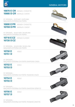 GENERAL MOTORS


10670 E CR        MONZA / CHEVETTE
10680 D CR        MARAJO / CHEVY


Nº ORIGINAL : 8.972.647 / 8.972.648
MAÇANETA EXTERNA DA PORTA

10690 E PR        MONZA / CHEVETTE
10700 D PR        MARAJO / CHEVY


Nº ORIGINAL : 94.624.893 / 94.646.894
MAÇANETA EXTERNA DA PORTA

10710 E CZ        MONZA CLASSIC
10720 D CZ

Nº ORIGINAL : 94.624.289 / 94.624.290
MAÇANETA EXTERNA DA PORTA

10750 E           AGILE
10751 D

Nº ORIGINAL :
MAÇANETA INTERNA DA PORTA DIANTEIRA CINZA

10752 E           AGILE
10753 D

Nº ORIGINAL :
MAÇANETA INTERNA DA PORTA TRASEIRA CINZA

10754 E           AGILE
10755 D

Nº ORIGINAL :
MAÇANETA INTERNA DA PORTA DIANTEIRA GRAFITE

10756 E           AGILE
10757 D

Nº ORIGINAL :
MAÇANETA INTERNA DA PORTA TRASEIRA GRAFITE

                                                               3
 