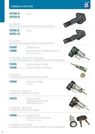 GENERAL MOTORS


    10758 E          AGILE
    10759 D

    Nº ORIGINAL :
    MAÇANETA INTERNA DA PORTA DIANTEIRA PRETO

    10760 E          AGILE
    10761 D

    Nº ORIGINAL :
    MAÇANETA INTERNA DA PORTA TRASEIRA PRETO

    11050            CORSA ATÉ 97
    11080            MONZA / KADET / IPANEMA APÓS 89
                     (PARA VEÍCULOS S/ CHIP)


    Nº ORIGINAL : 93.223.487 / 52.278.250
    CILINDRO DE IGNIÇÃO S/ TRANSPONDER CHAVE QUADRADA

    11055              CORSA/ MONZA TODOS
    11056 PERFIL VALEO CORSA / MERIVA / MONTANA

    Nº ORIGINAL:
    CILINDRO DE IGNIÇÃO S/ CHAVE S/ GORJA

    11060            CHEVETTE TODOS
                     73 A 94


    Nº ORIGINAL : 93.075.95
    CILINDRO DE IGNIÇÃO C/ CHAVE

    11070            MONZA ATÉ 88
                     CAMINHÕES / PICK-UPS
                     VERANEIO 93 A 97

    Nº ORIGINAL : 93.214.428
    CILINDRO DE IGNIÇÃO C/ CHAVE

    11090 PERFIL VALEO CORSA ATÉ 97
                     KADETT / MONZA APÓS 89
                     (PARA VEÍCULOS S/ CHIP)


    Nº ORIGINAL : 52.278.250
    CILINDRO DE IGNIÇÃO S/ TRANSPONDER CHAVE QUADRADA

4
 
