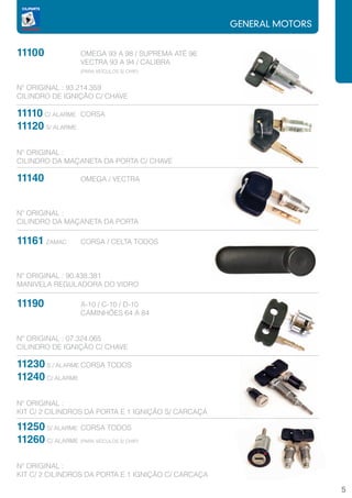 GENERAL MOTORS


11100		              OMEGA 93 A 98 / SUPREMA ATÉ 96
			                  VECTRA 93 A 94 / CALIBRA
			(PARA VEÍCULOS S/ CHIP)

Nº ORIGINAL : 93.214.359
CILINDRO DE IGNIÇÃO C/ CHAVE

11110 C/ ALARME	 CORSA
11120 S/ ALARME

Nº ORIGINAL :
CILINDRO DA MAÇANETA DA PORTA C/ CHAVE

11140		              OMEGA / VECTRA



Nº ORIGINAL :
CILINDRO DA MAÇANETA DA PORTA

11161 ZAMAC	         CORSA / CELTA TODOS



Nº ORIGINAL : 90.438.381
MANIVELA REGULADORA DO VIDRO

11190		              A-10 / C-10 / D-10
			                  CAMINHÕES 64 A 84


Nº ORIGINAL : 07.324.065
CILINDRO DE IGNIÇÃO C/ CHAVE

11230 S / ALARME	CORSA TODOS
11240 C/ ALARME

Nº ORIGINAL :
KIT C/ 2 CILINDROS DA PORTA E 1 IGNIÇÃO S/ CARCAÇA

11250 S/ ALARME	 CORSA TODOS
11260 C/ ALARME	 (PARA VEÍCULOS S/ CHIP)

Nº ORIGINAL :
KIT C/ 2 CILINDROS DA PORTA E 1 IGNIÇÃO C/ CARCAÇA

                                                                       5
 