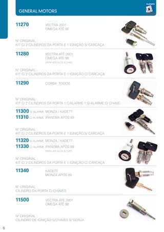 GENERAL MOTORS


    11270		
       VECTRA 2001
    			OMEGA ATÉ 98


    Nº ORIGINAL :
    KIT C/ 2 CILINDROS DA PORTA E 1 IGNIÇÃO S/ CARCAÇA

    11280		
       VECTRA ATÉ 2001
    			OMEGA ATÉ 98
    			(PARA VEÍCULOS S/ CHIP)

    Nº ORIGINAL :
    KIT C/ 2 CILINDROS DA PORTA E 1 IGNIÇÃO C/ CARCAÇA

    11290		         CORSA TODOS



    Nº ORIGINAL :
    KIT C/ 2 CILINDROS DA PORTA 1 C/ALARME 1 S/ ALARME C/ CHAVE

    11300 S/ ALARME	 MONZA / KADETT
    11310 C/ ALARME	 IPANEMA APÓS 89

    Nº ORIGINAL :
    KIT C/ 2 CILINDROS DA PORTA E 1 IGNIÇÃO S/ CARCAÇA

    11320 S/ ALARME	 MONZA / KADETT
    11330 C/ ALARME	IPANEMA APÓS 89
    			(PARA VEÍCULOS S/ CHIP)

    Nº ORIGINAL :
    KIT C/ 2 CILINDROS DA PORTA E 1 IGNIÇÃO C/ CARCAÇA

    11340		         KADETT
    			             MONZA APÓS 89


    Nº ORIGINAL :
    CILINDRO DA PORTA C/ CHAVES

    11500		         VECTRA ATÉ 2001
           		       OMEGA ATÉ 98


    Nº ORIGINAL :
    CILINDRO DE IGNIÇÃO S/CHAVES S/ GORJA

6
 