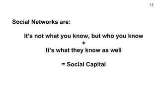 Social Networks are:
It’s not what you know, but who you know
+
It’s what they know as well
= Social Capital
17
 