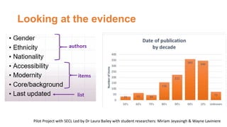 Looking at the evidence
Pilot Project with SECL Led by Dr Laura Bailey with student researchers: Miriam Jeyasingh & Wayne Laviniere
 