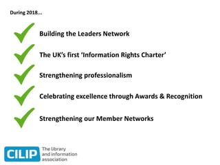 During 2018...
Building the Leaders Network
The UK’s first ‘Information Rights Charter’
Strengthening professionalism
Celebrating excellence through Awards & Recognition
Strengthening our Member Networks
 