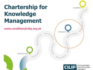 Chartership for
Knowledge
Management
sonia.ramdhian@cilip.org.uk
 
