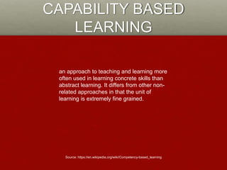 CAPABILITY BASED
LEARNING
an approach to teaching and learning more
often used in learning concrete skills than
abstract l...