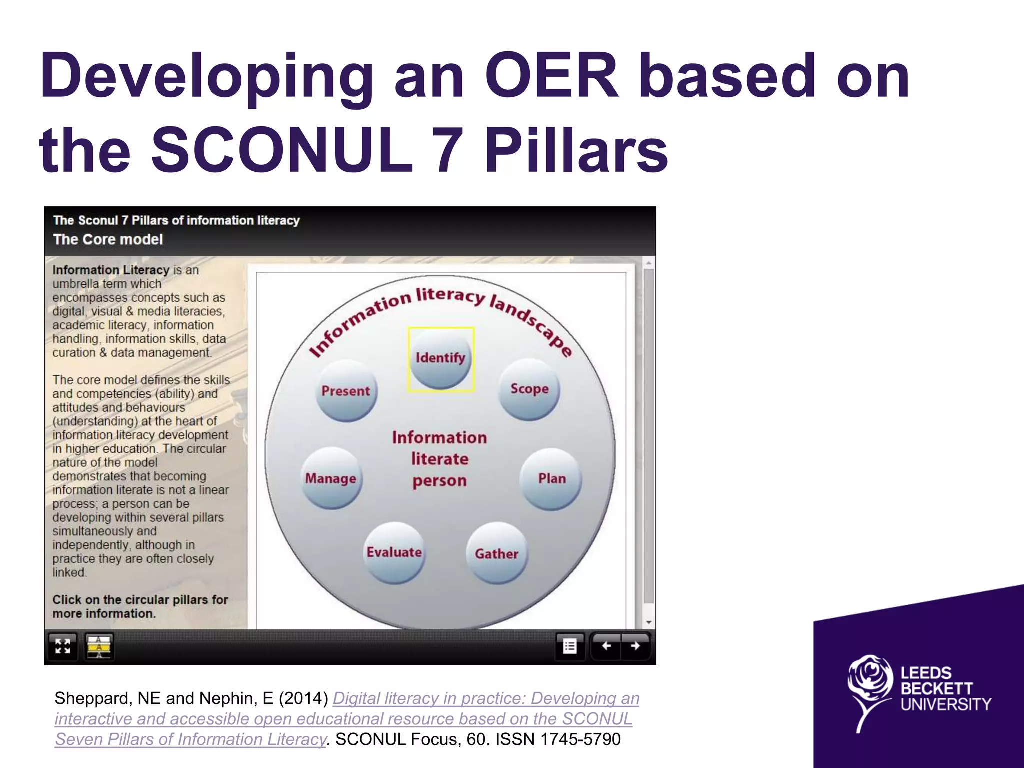 Developing an OER based on
the SCONUL 7 Pillars
Sheppard, NE and Nephin, E (2014) Digital literacy in practice: Developing an
interactive and accessible open educational resource based on the SCONUL
Seven Pillars of Information Literacy. SCONUL Focus, 60. ISSN 1745-5790
 