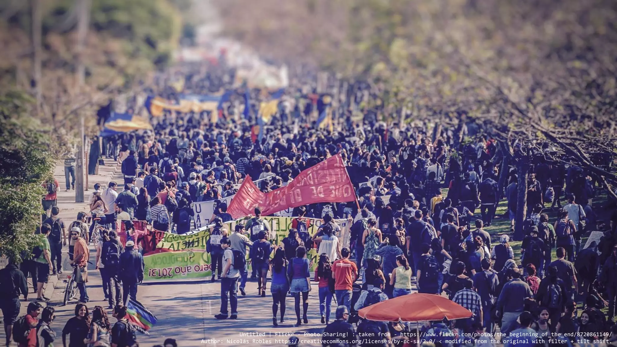 Untitled | Flickr - Photo Sharing! : taken from - https://www.flickr.com/photos/the_beginning_of_the_end/8720861149/
Author: Nicolás Robles https://creativecommons.org/licenses/by-nc-sa/2.0/ < modified from the original with filter + tilt shift.
 