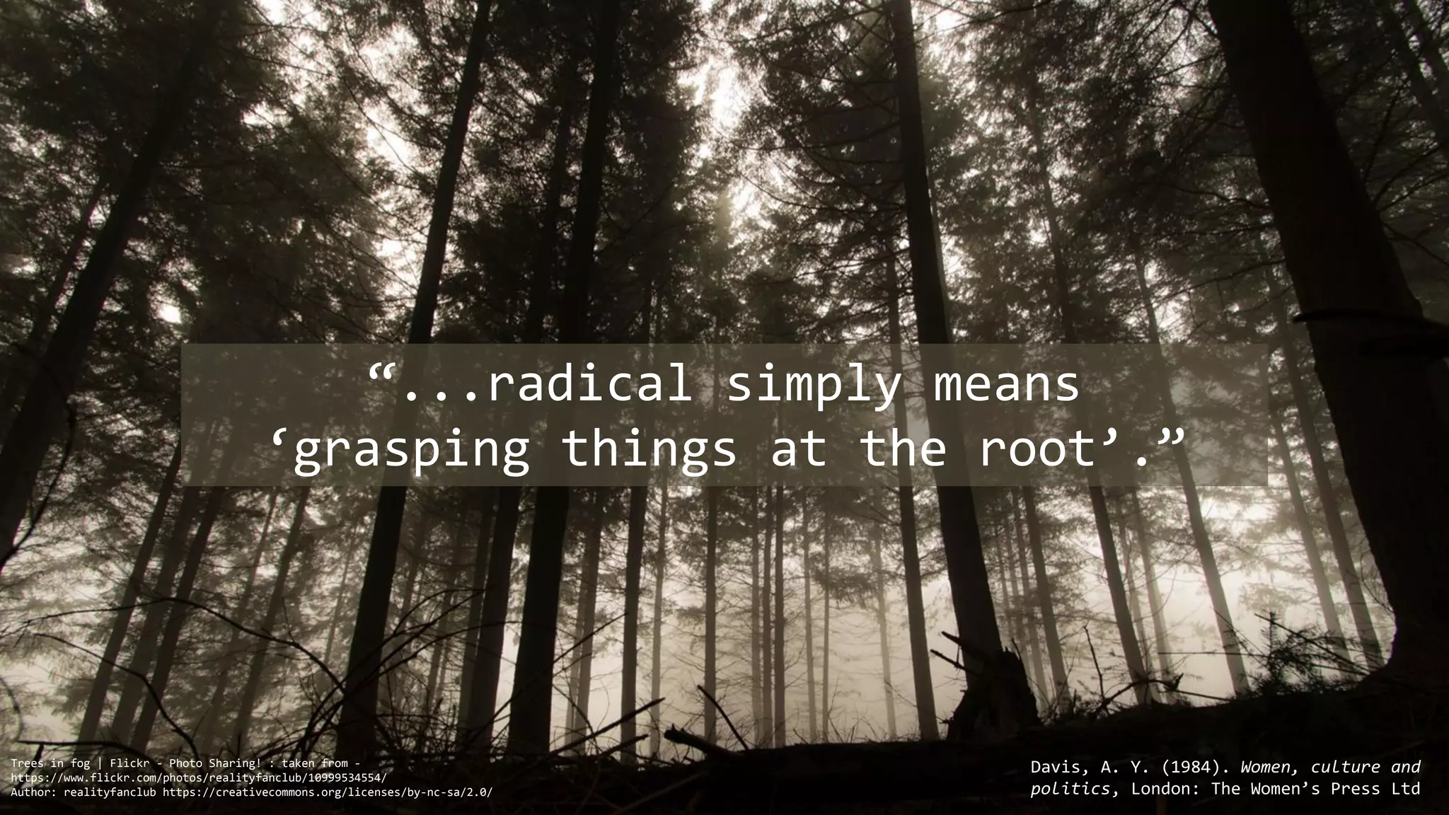 “...radical simply means
‘grasping things at the root’.”
Davis, A. Y. (1984). Women, culture and
politics, London: The Women’s Press Ltd
Trees in fog | Flickr - Photo Sharing! : taken from -
https://www.flickr.com/photos/realityfanclub/10999534554/
Author: realityfanclub https://creativecommons.org/licenses/by-nc-sa/2.0/
 