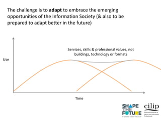 The challenge is to adapt to embrace the emerging
opportunities of the Information Society (& also to be
prepared to adapt better in the future)
Use
Time
Services, skills & professional values, not
buildings, technology or formats
 