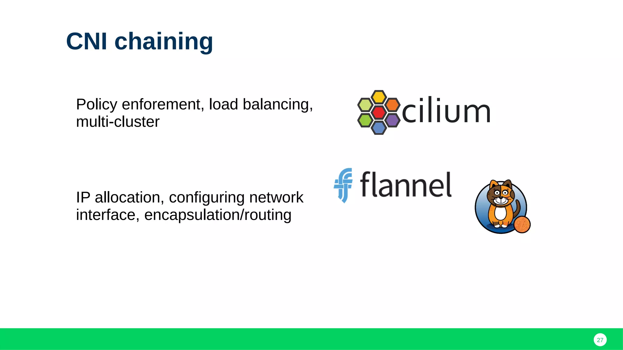 27
CNI chaining
Policy enforement, load balancing,
multi-cluster
IP allocation, configuring network
interface, encapsulation/routing
 