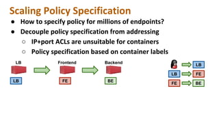 Scaling Policy Specification
● How to specify policy for millions of endpoints?
● Decouple policy specification from addre...