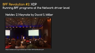 BPF Revolution #2: XDP
Running BPF programs at the Network driver level
https://netdevconf.org/2.1/slides/apr7/miller-XDP-MythBusters.pdf
Netdev 2.1 Keynote by David S. Miller
 