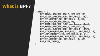 What is BPF?
.insns = {
BPF_MOV64_REG(BPF_REG_2, BPF_REG_10),
BPF_ALU64_IMM(BPF_ADD, BPF_REG_2, -8),
BPF_ST_MEM(BPF_DW, BPF_REG_2, 0, 0),
BPF_LD_MAP_FD(BPF_REG_1, 0),
BPF_EMIT_CALL(BPF_FUNC_map_lookup_elem),
BPF_MOV64_REG(BPF_REG_1, BPF_REG_10),
BPF_ALU64_IMM(BPF_ADD, BPF_REG_1, -152),
BPF_STX_MEM(BPF_DW, BPF_REG_1, BPF_REG_0, 0),
BPF_JMP_IMM(BPF_JEQ, BPF_REG_0, 0, 2),
BPF_LDX_MEM(BPF_DW, BPF_REG_3, BPF_REG_1, 0),
BPF_ST_MEM(BPF_DW, BPF_REG_3, 0, 42),
BPF_EXIT_INSN(),
}
 
