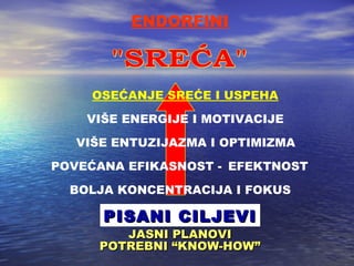 BOLJA KONCENTRACIJA I FOKUS POVE Ć ANA EFIKASNOST -  EFEKTNOST VI Š E ENTUZIJAZMA I OPTIMIZMA VI Š E ENERGIJE I MOTIVACIJE OSE Ć ANJE SRE Ć E I USPEHA ENDORFINI &quot;SREĆA&quot; PISANI CILJEVI JASNI PLANOVI POTREBNI “KNOW-HOW” 