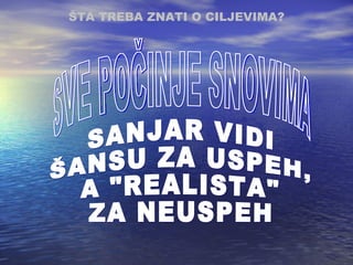 ŠTA TREBA ZNATI O CILJEVIMA ? SVE POČINJE SNOVIMA SANJAR VIDI ŠANSU ZA USPEH, A &quot;REALISTA&quot; ZA NEUSPEH  